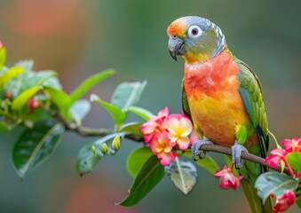 close up a Parrot on branch of the flower, generated with AI