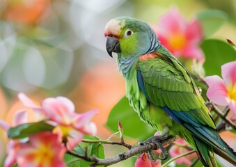 close up a Parrot on branch of the flower, generated with AI
