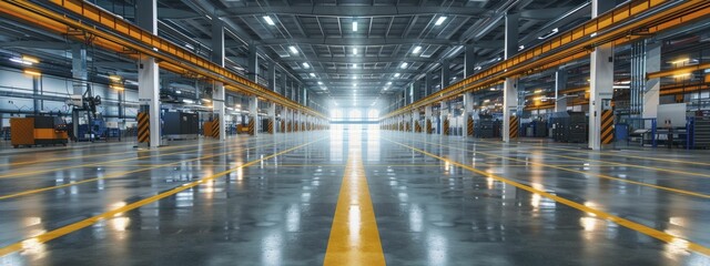 The soft glow of modern automation technology illuminates the expansive, sleek factory floor.