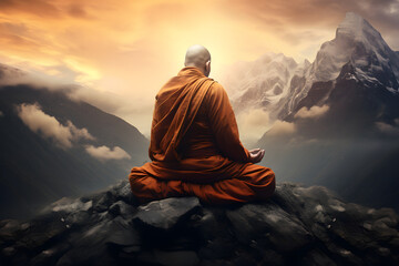 Buddhist sitting on a ountain meditating, buddhist meditation on a mountain, meditation in himalaya