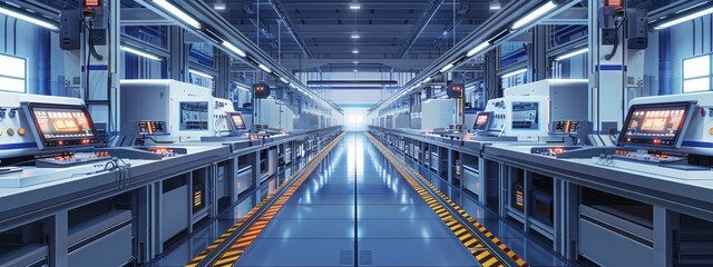Fototapeta premium High tech assembly line in a modern factory, detailed in vector style for promotional use.