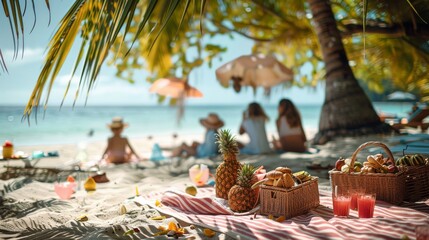 A sunny beachscape with people relaxing under palm trees and a picnic setup in the foreground It conveys a sense of leisure, vacation, and tropical paradise