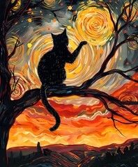 Black cat silhouette in a swirled abstract night universe