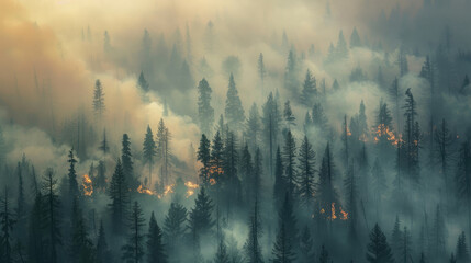 Forest engulfed in wildfire smoke and fire