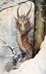 Snow-covered red and silver scaled dragon in winter forest background