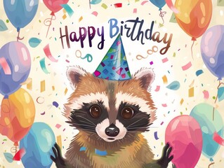 Cute Raccoon surrounded by virtual balloons and confetti, wearing a birthday hat. With the text: "Happy Birthday" , generated with AI