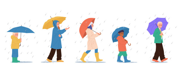 People cartoon characters of different ages walking with umbrellas under rainfall isolated set © Iryna Petrenko