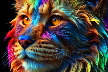 vibrant lion painting with imaginative abstract background elements.