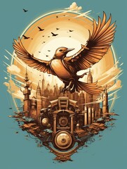 Steampunk Bird's Flight Over Future City