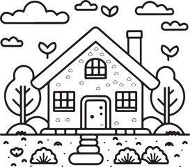 Naklejka premium Beautiful House coloring page illustration home coloring page for kids, coloring book