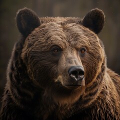 A large brown bear with a fluffy coat stares into the distance.