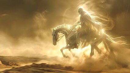 A spectral rider on a skeletal horse gallops through a dusty landscape. Concept Ghosts, Spooky Scene, Skeleton Horse, Dusty Landscape, Spectral Rider