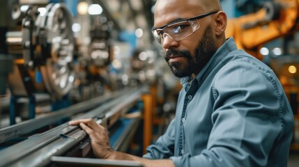 A dedicated technician attentively using a tablet amidst the machinery of a contemporary factory