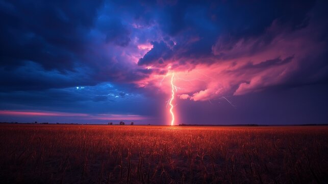 Pink lightning bolt hitting a field, AI-generative