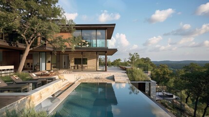 Fototapeta premium An expansive luxury home with reflective glass windows overlooking an infinity pool with a breathtaking forest in the background