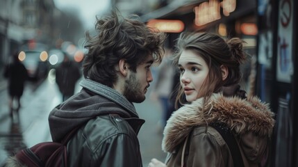 A young couple stands close in a moody urban setting, sharing a moment of intense connection