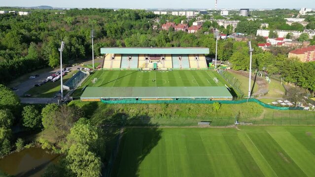 Katowice, Poland May 5, 2024: Aerial view of soccer, football stadium of GKS Katowice. Sunset, sunise. Drone shot.