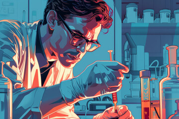Illustration of a researcher in a lab conducting blood analysis using a syringe, set against scientific equipment.