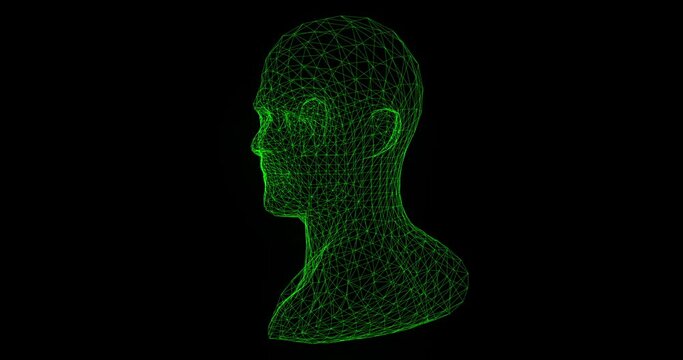 Human head mesh rotating, futuristic cyber, digital technology, smart machine concept, artificial intelligence, 3d render illustration, neon green model of human
