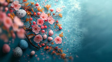 Easter eggs and spring flowers. Beautiful postcard with easter decoration and painted colorful easter eggs in beautiful nature