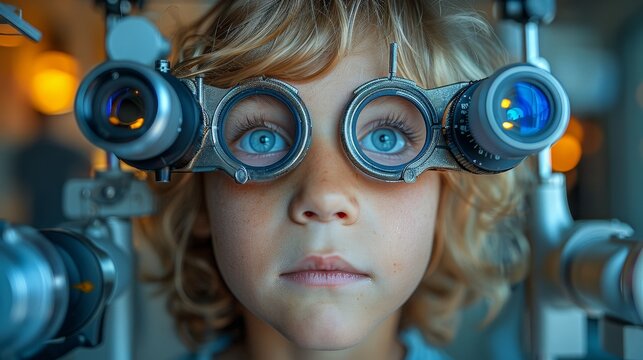 Eye exam for children. The child is wearing a special glasses for checking eyesight