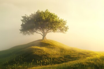 Obraz premium foggy day, grassy hill with tree of life, generated with AI