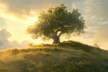 foggy day, grassy hill with tree of life, generated with AI