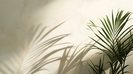Obraz premium Shadows of Tropical Plants on a khaki Plaster Wall. Exotic Background for Product Presentation