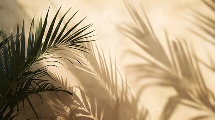 Obraz premium Shadows of Tropical Plants on a khaki Plaster Wall. Exotic Background for Product Presentation