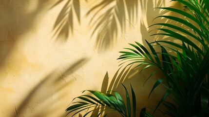 Shadows of Tropical Plants on a khaki Plaster Wall. Exotic Background for Product Presentation