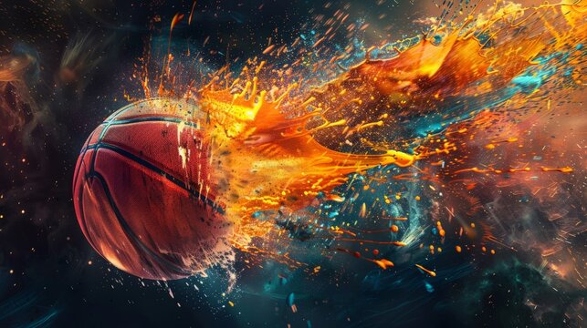 Intense depiction of a basketball bursting open in a swirl of bright colors and energetic splashes.
