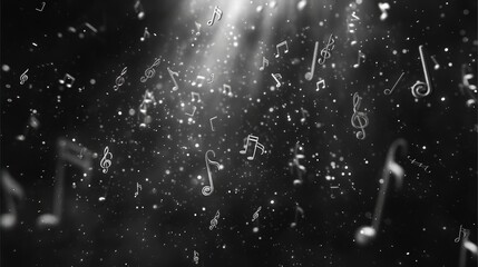 Enigmatic swirls of musical notes in a dynamic black background, suggesting the energy and motion of a musical performance