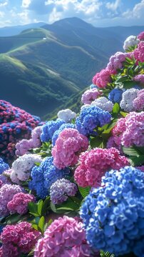 A serene garden featuring lush blue, pink, and purple hydrangea flowers, basking in the sunlight with mountain scenery