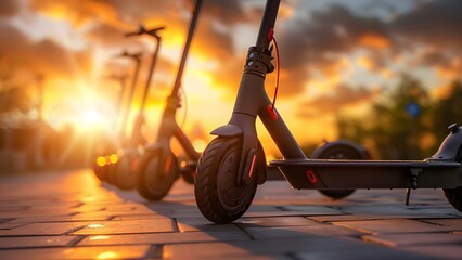 Convenient City Transportation: Electric Scooters Lined Up Against Sunset Backdrop. Concept City Transportation, Electric Scooters, Sunset Backdrop, Urban Mobility, Sustainable Commuting