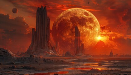 A digital painting of a red moon rising over a desert landscape