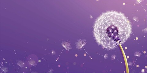 Dandelion on a purple background with copy space.