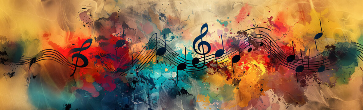 Abstract colorful background with musical elements in the form of notes and a treble clef