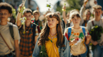 Portrait of Youth environmental group marching in a rally for climate action.