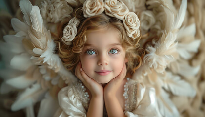 Fototapeta premium Beautiful little angel child, white feather wings, dreamy romantic atmosphere. Faith and hope concept. Beautiful background for christmas, mother's day, birthday cards, poster, wallpapers etc. 