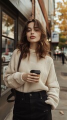 Cheerful woman in urban street drinking morning coffee in sunshine light