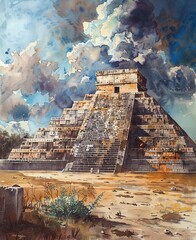 Mexico's Chichén Itzá‚ water color painting, generated with AI