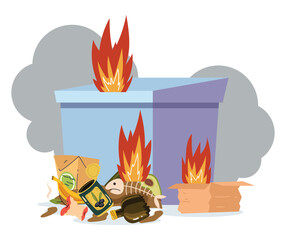 Garbage waste trash can burning concept. Vector graphic design illustration