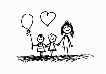 Naive children's drawing with black lines on a white background, a family, heart shape, generated with AI