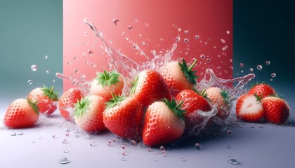 Strawberry Poster with Several Strawberries and Water Splashing on Solid Color Background