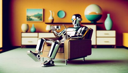 Robot Relaxing on Sofa with Crossed Legs, Enjoying Oil Drink