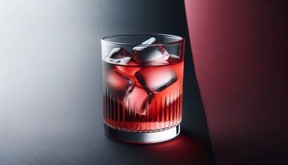 Minimalist Red Juice Glass on Black and Rose Background