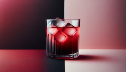 Minimalist Red Juice Glass on Black and Rose Background