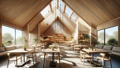 Wooden Cafe Interior with Skylights and Plant Decor