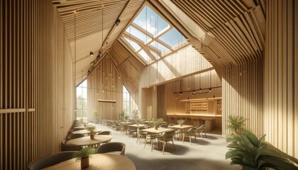 Wooden Cafe Interior with Skylights and Plant Decor