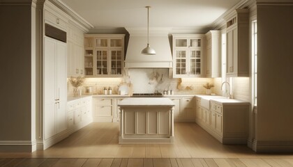 Warm Neutral Color Scheme Kitchen with Cream Cabinets and White Marble Countertops
